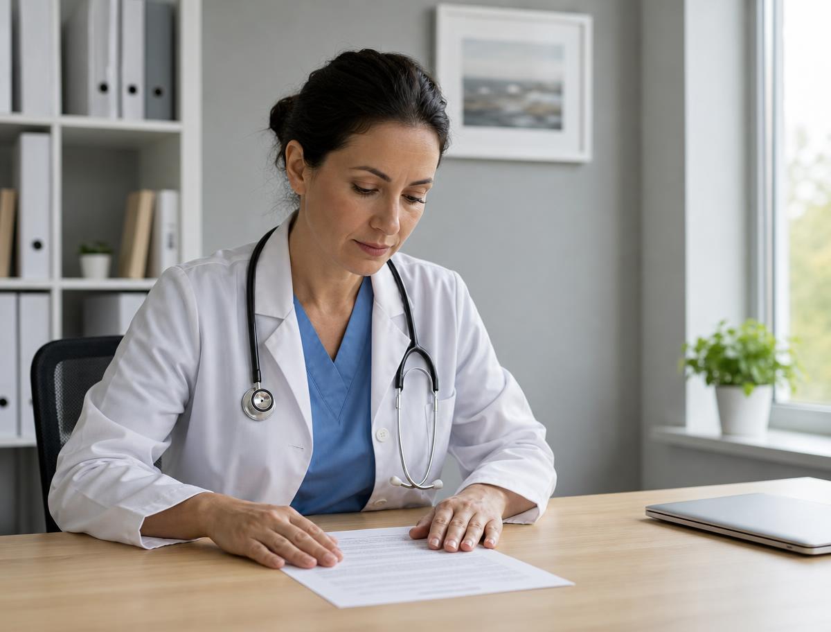 Medico che verifica documenti e coperture nel proprio studio